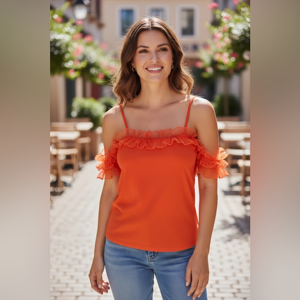 Bright Orange Venus Off the Shoulder Ruffled Top Short Crop Summer M Tight